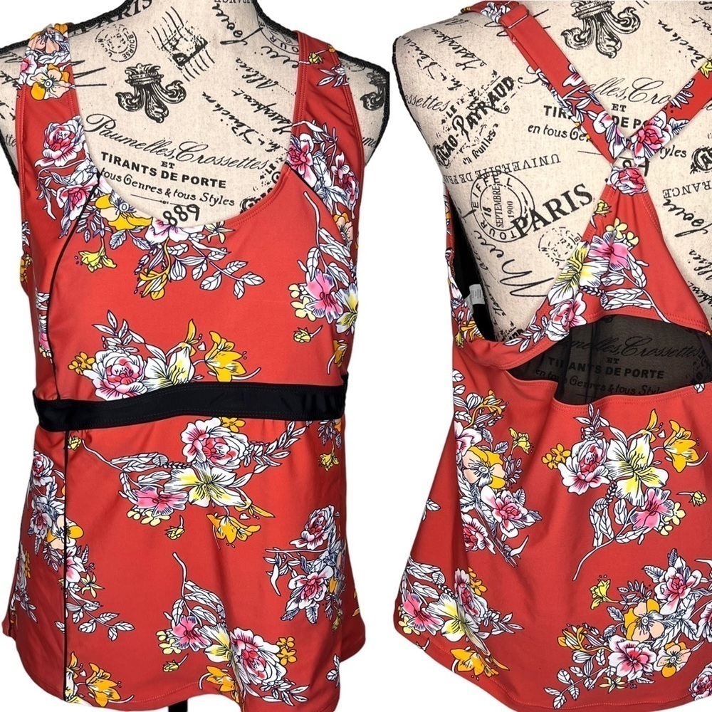 Women's Tankini Swim Top Plus Size XXL Red Orange Floral Print Wide Cross Straps